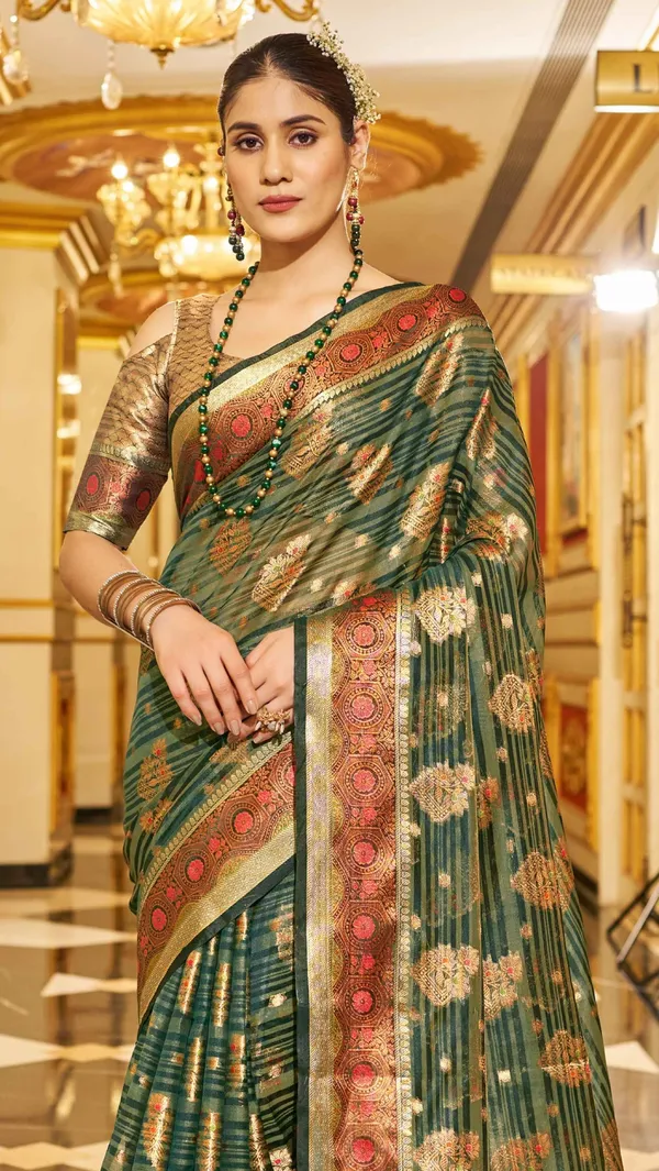 Green_Organza_Sarees_With_Blouse_Piece_For_Women