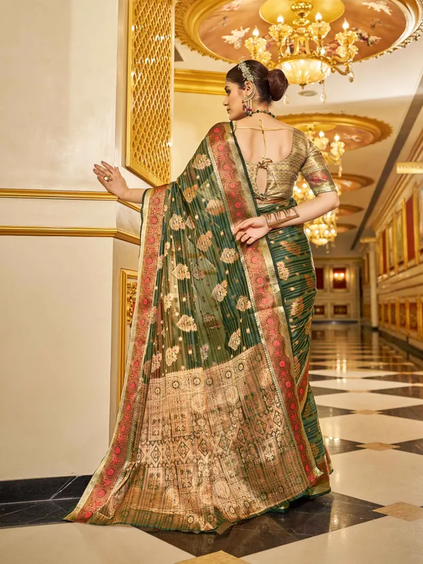 Green_Organza_Sarees_With_Blouse_Piece_For_Women