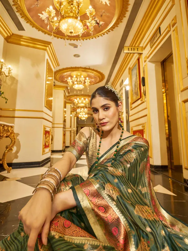 Green_Organza_Sarees_With_Blouse_Piece_For_Women