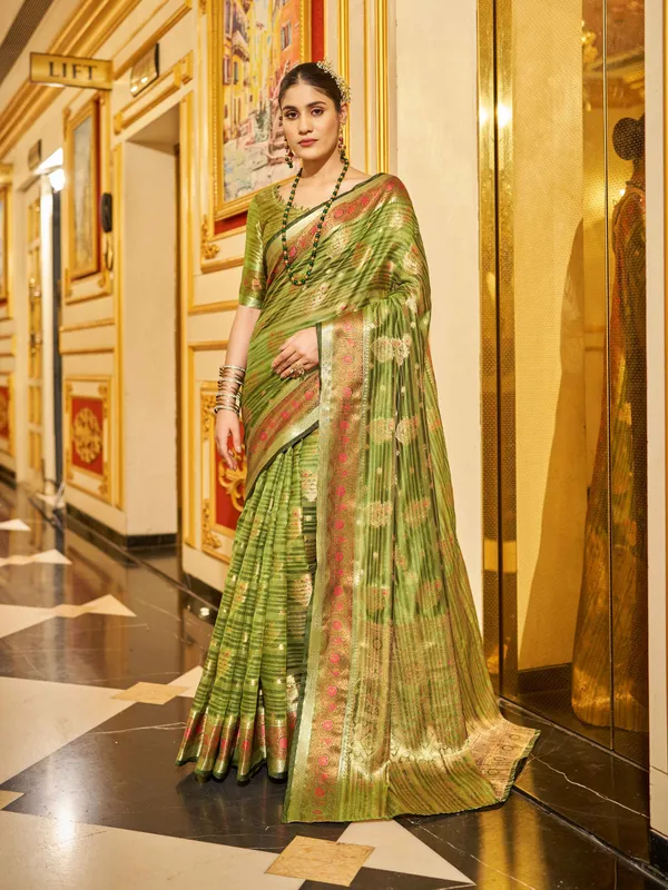 Mahendi_Green_Organza_Sarees_With_Blouse_Piece_For_Women