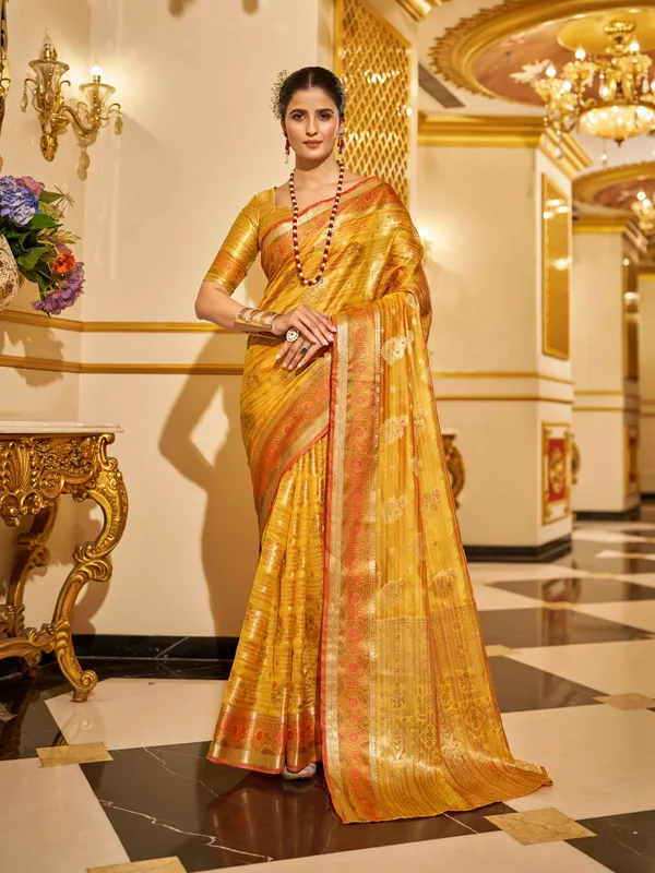 Yellow_Organza_Sarees_With_Blouse_Piece_For_Women