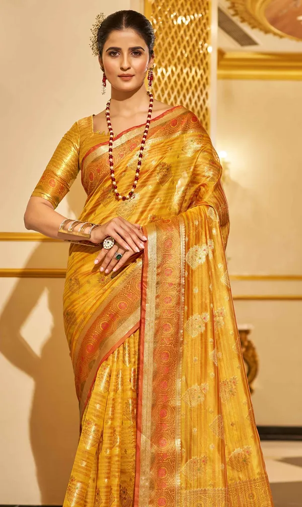 Yellow_Organza_Sarees_With_Blouse_Piece_For_Women