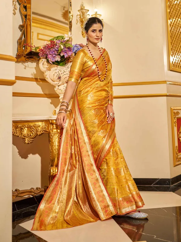 Yellow_Organza_Sarees_With_Blouse_Piece_For_Women
