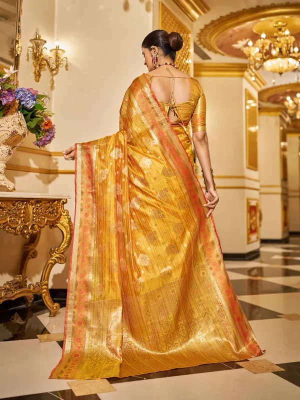 Yellow_Organza_Sarees_With_Blouse_Piece_For_Women
