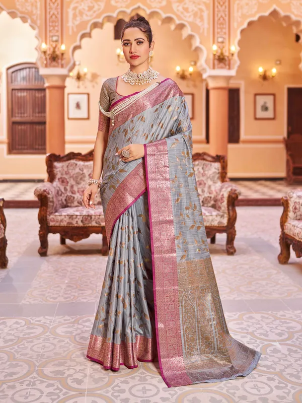 Grey_Cotton_Sarees_With_Blouse_Piece_For_Women