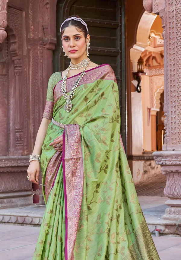 Pista_Cotton_Sarees_With_Blouse_Piece_For_Women