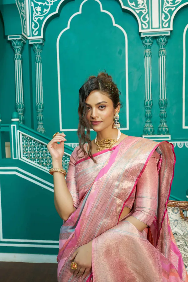 Pink_Organza_Sarees_With_Blouse_Piece_For_Women