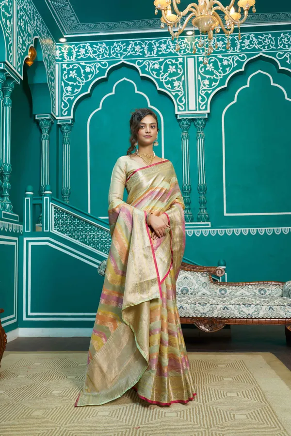 Pista_Organza_Sarees_With_Blouse_Piece_For_Women