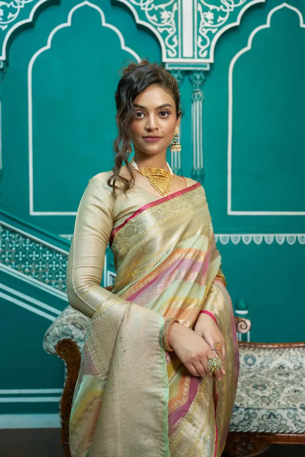 Pista_Organza_Sarees_With_Blouse_Piece_For_Women