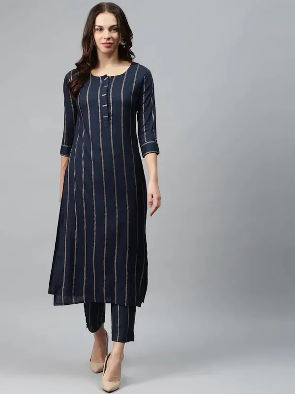 Dark_Blue_Striped_Viscose_Rayon_3/4_Sleeve_Kurta_Pant_Set_For_Women
