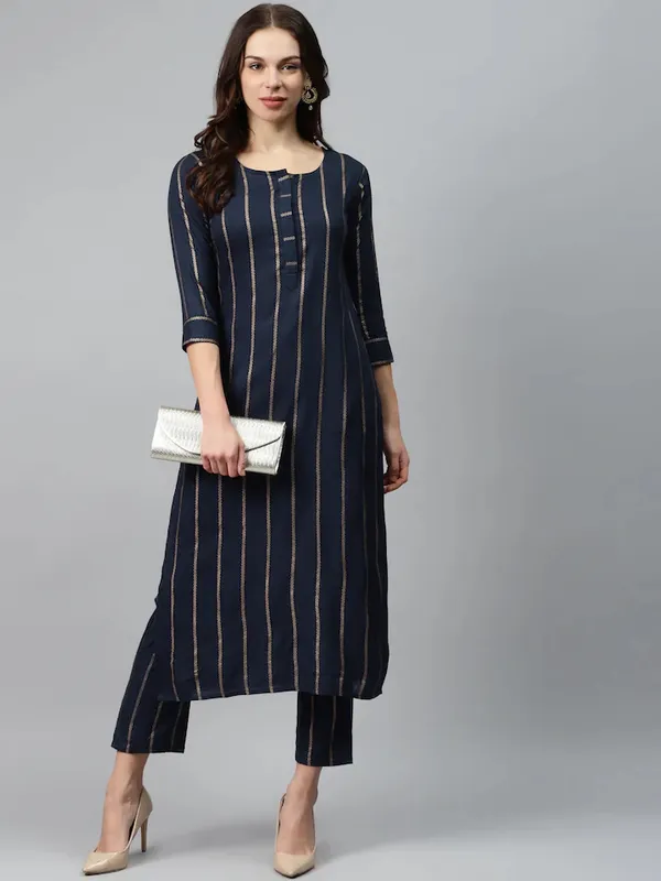 Dark_Blue_Striped_Viscose_Rayon_3/4_Sleeve_Kurta_Pant_Set_For_Women
