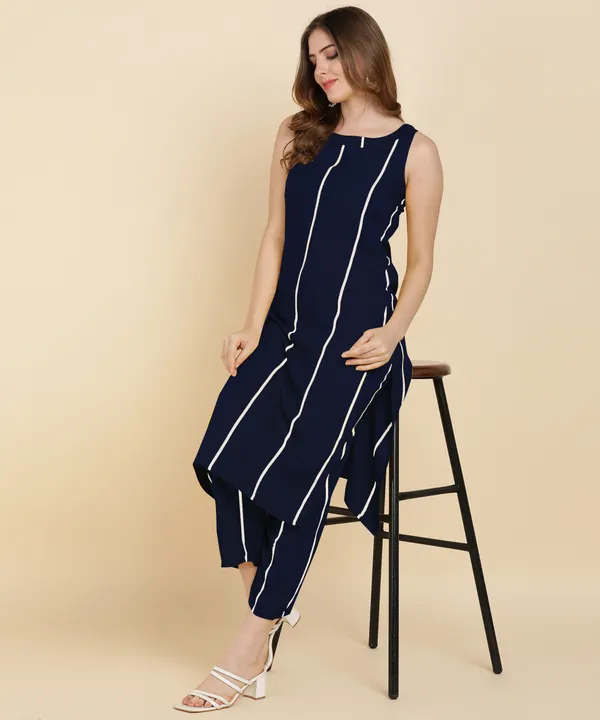 Blue_Printed_Striped_Viscose_Rayon_Sleeveless_Kurti_Pant_Set_For_Women