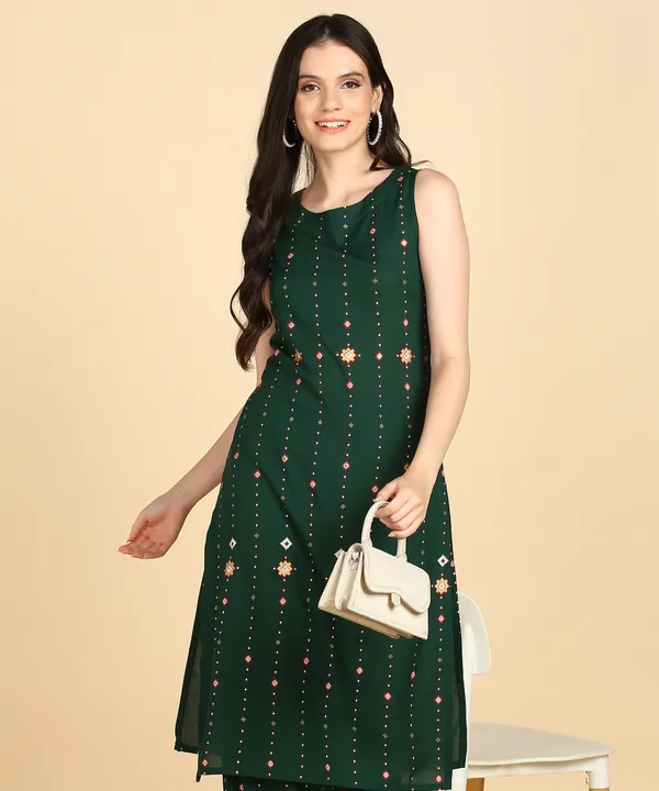 Green_Striped_Sleeveless_Rayon_Kurta_Pant_For_Women