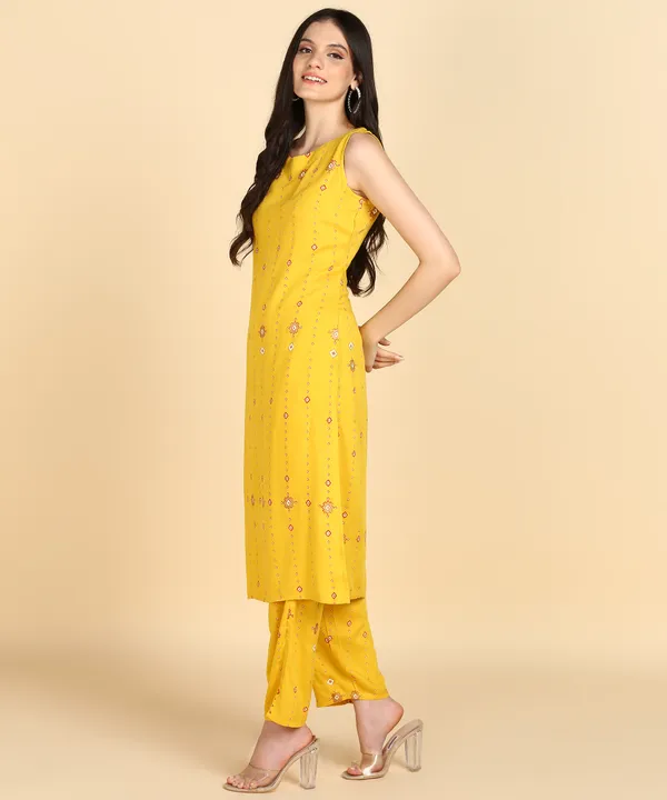 Yellow_Striped_Sleeveless_Rayon_Kurti_Pant_For_Women