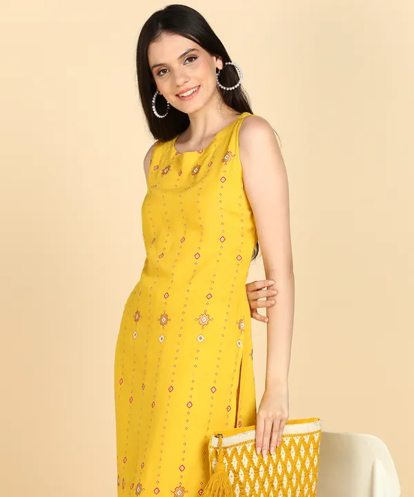 Yellow_Striped_Sleeveless_Rayon_Kurti_Pant_For_Women