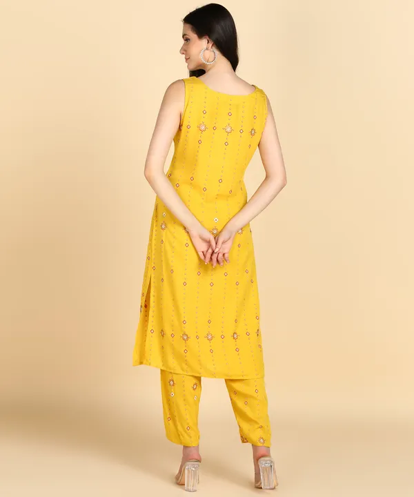 Yellow_Striped_Sleeveless_Rayon_Kurti_Pant_For_Women