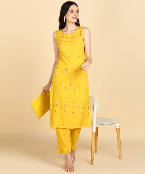Yellow_Striped_Sleeveless_Rayon_Kurti_Pant_For_Women