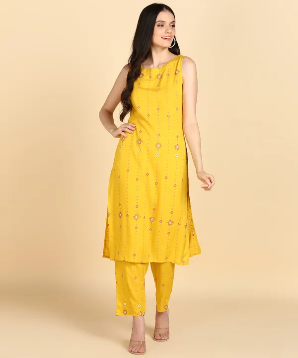 Yellow_Striped_Sleeveless_Rayon_Kurti_Pant_For_Women