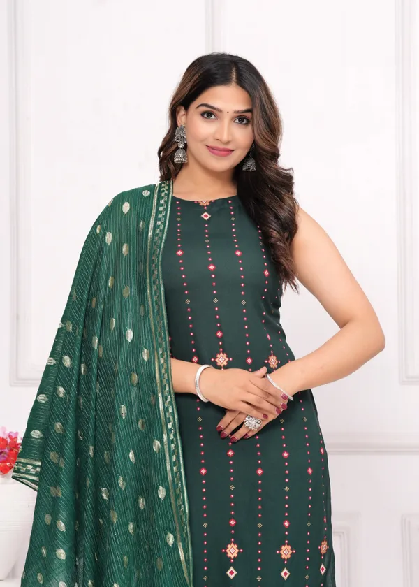 Green_Cotton_Rayon_Sleeveless_Printed_Kurti_Pant_Dupatta_Set_For_Women