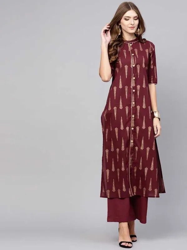 Maroon_Printed_Viscose_Rayon_3/4_Sleeve_Kurti_Plazo_Set_For_Women