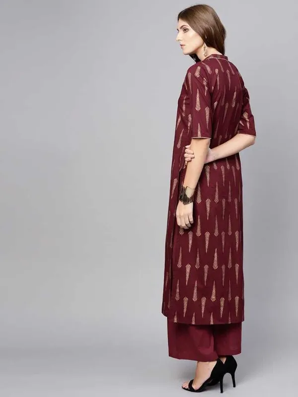 Maroon_Printed_Viscose_Rayon_3/4_Sleeve_Kurti_Plazo_Set_For_Women