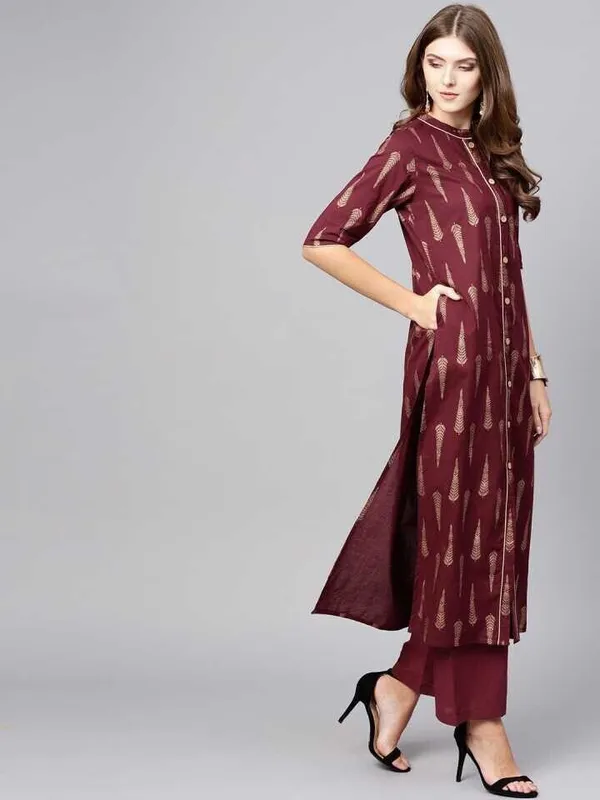 Maroon_Printed_Viscose_Rayon_3/4_Sleeve_Kurti_Plazo_Set_For_Women