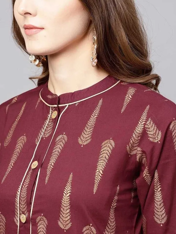 Maroon_Printed_Viscose_Rayon_3/4_Sleeve_Kurti_Plazo_Set_For_Women