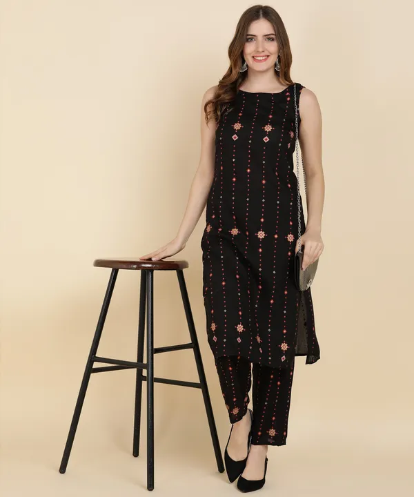 Black_Printed_Sleeveless_Rayon_Kurti_Pant_For_Women