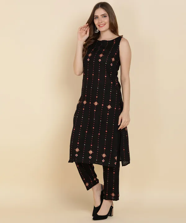 Black_Printed_Sleeveless_Rayon_Kurti_Pant_For_Women