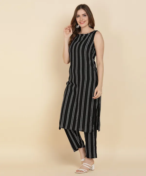 Black_Striped_Sleeveless_Viscose_Rayon_Kurta_Pant_Set_For_Women