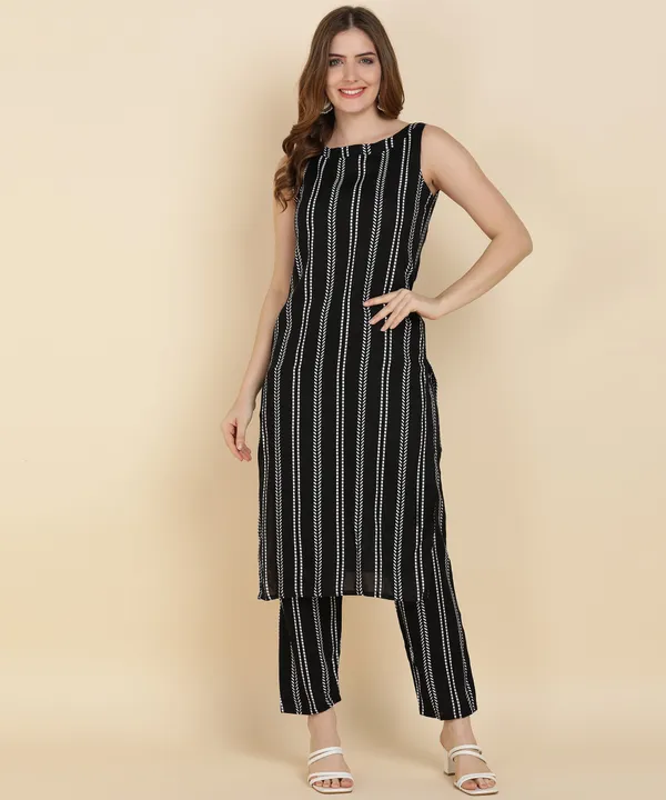 Black_Striped_Sleeveless_Viscose_Rayon_Kurta_Pant_Set_For_Women