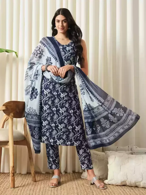 Blue_Floral_Print_Pure_Cotton_Sleeveless_Kurti_Pant_Dupatta_Set_For_Women