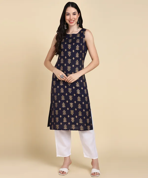 Blue_Printed_Viscose_Rayon_Sleeveless_Kurti_Pant_Set_For_Women