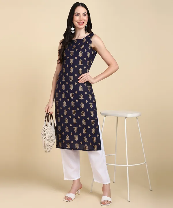 Blue_Printed_Viscose_Rayon_Sleeveless_Kurti_Pant_Set_For_Women
