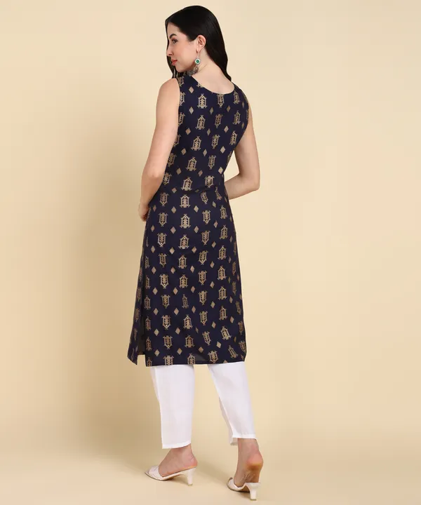 Blue_Printed_Viscose_Rayon_Sleeveless_Kurti_Pant_Set_For_Women