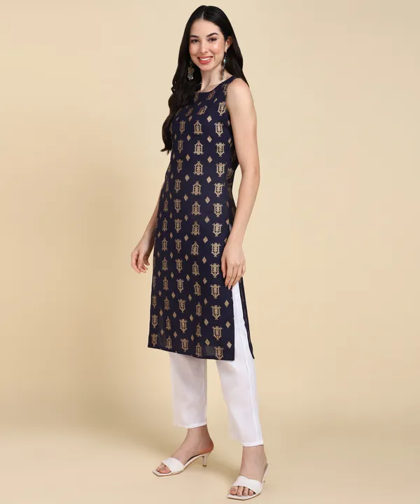 Blue_Printed_Viscose_Rayon_Sleeveless_Kurti_Pant_Set_For_Women