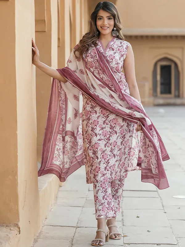 Purple_And_Pink_Floral_Print_Pure_Cotton_Sleeveless_Kurti_Pant_Dupatta_Set_For_Women