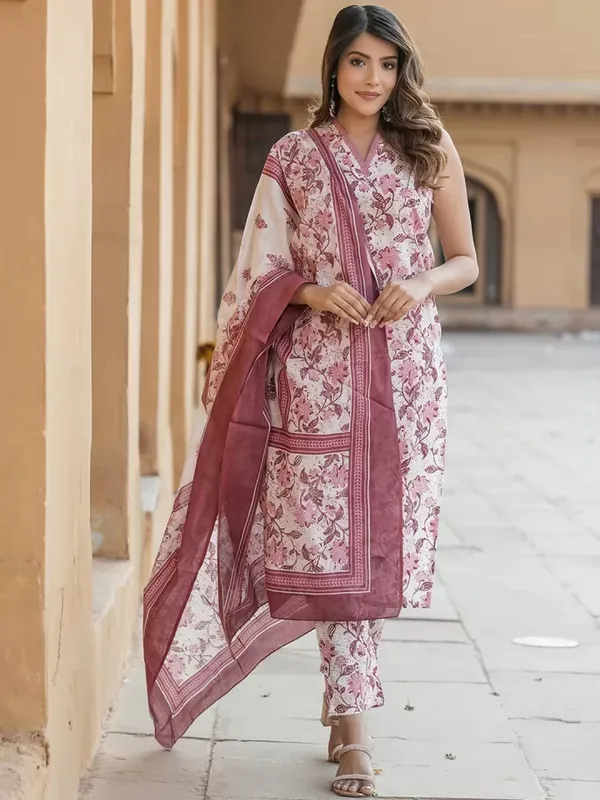 Purple_And_Pink_Floral_Print_Pure_Cotton_Sleeveless_Kurti_Pant_Dupatta_Set_For_Women