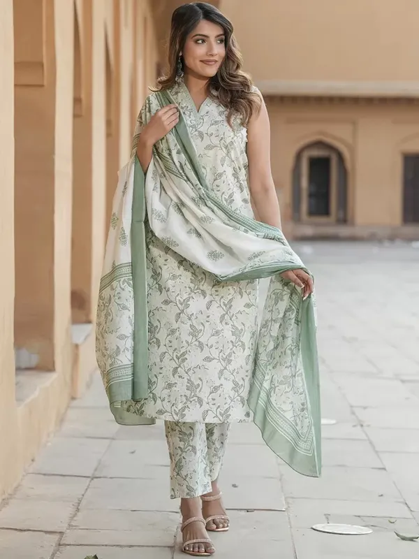 Green_Pure_Cotton_Sleeveless_Printed_Kurti_Pant_Dupatta_Set_For_Women