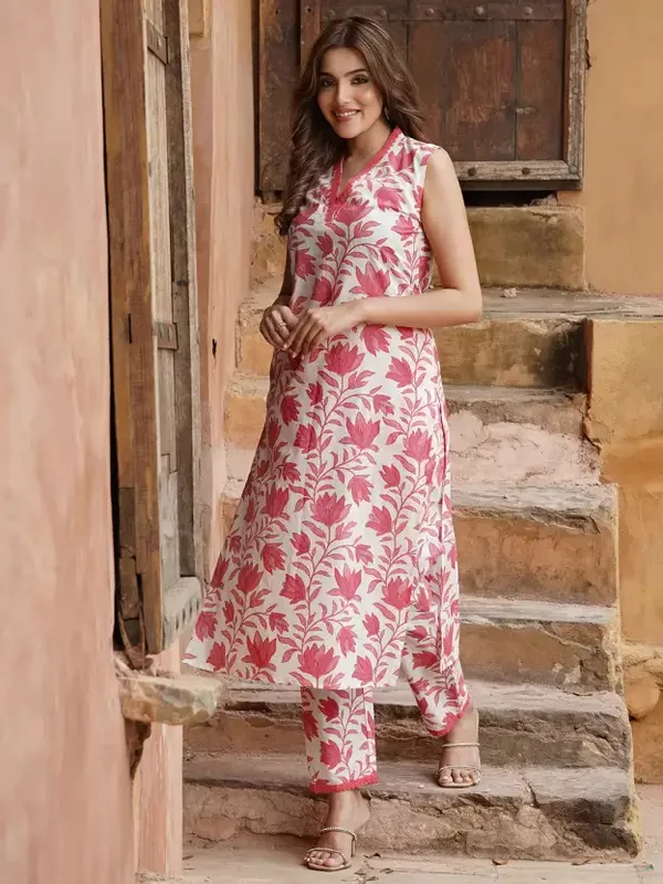 Pink_And_White_Printed_Sleeveless_Pure_Cotton_Kurta_Pant_For_Women