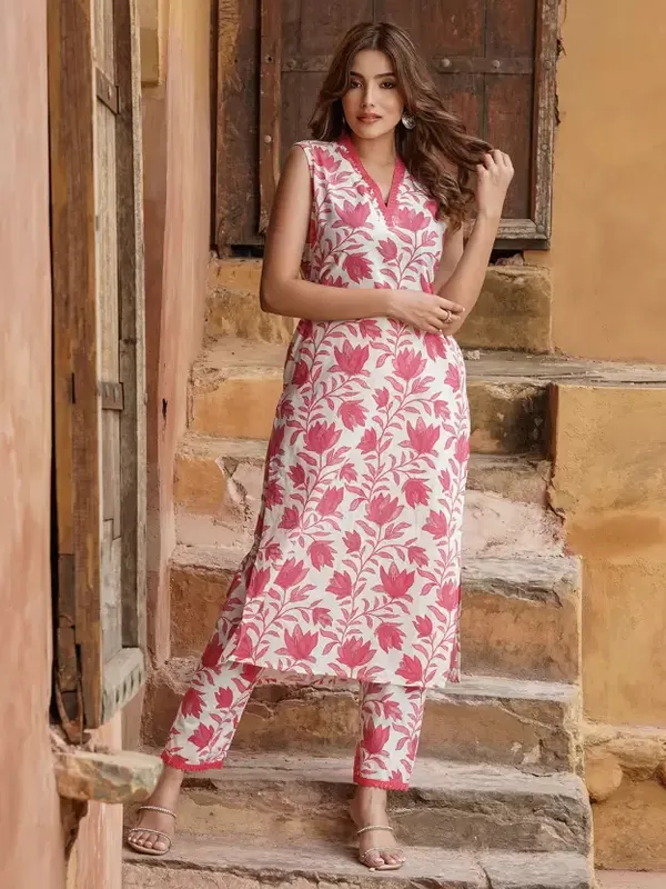 Pink_And_White_Printed_Sleeveless_Pure_Cotton_Kurta_Pant_For_Women