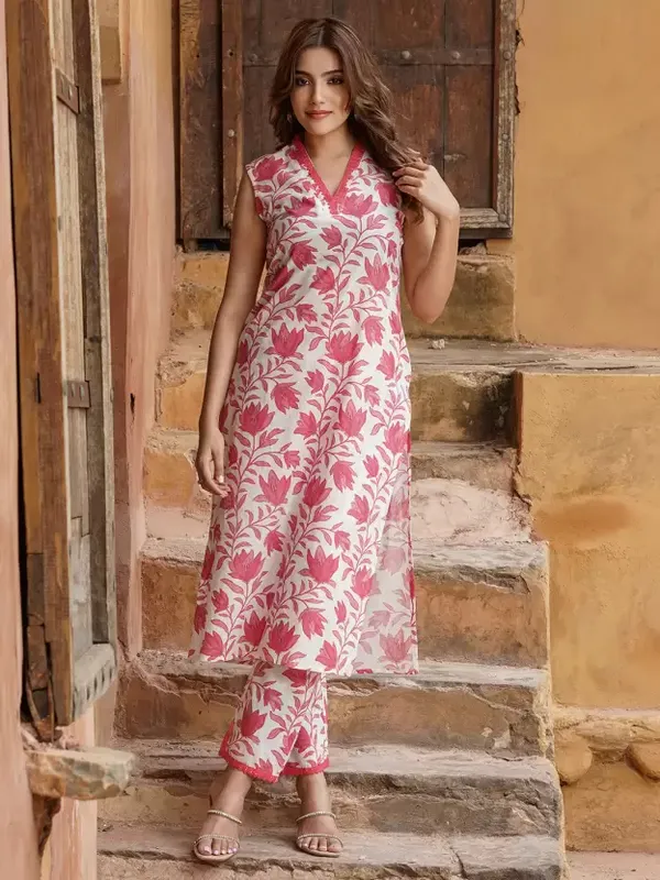 Pink_And_White_Printed_Sleeveless_Pure_Cotton_Kurta_Pant_For_Women