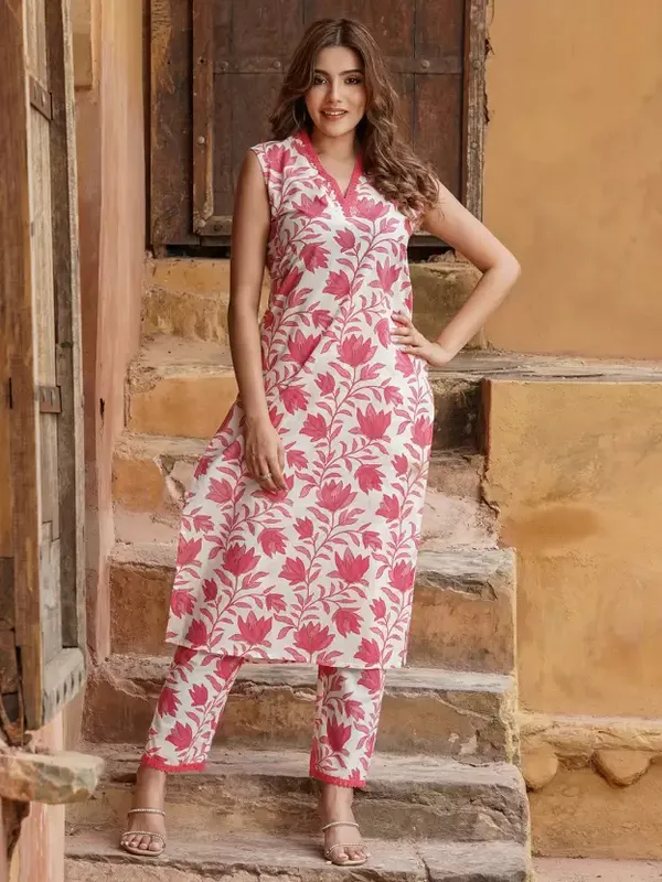 Pink_And_White_Printed_Sleeveless_Pure_Cotton_Kurta_Pant_For_Women