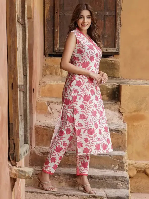 Pink_And_White_Printed_Sleeveless_Pure_Cotton_Kurta_Pant_For_Women