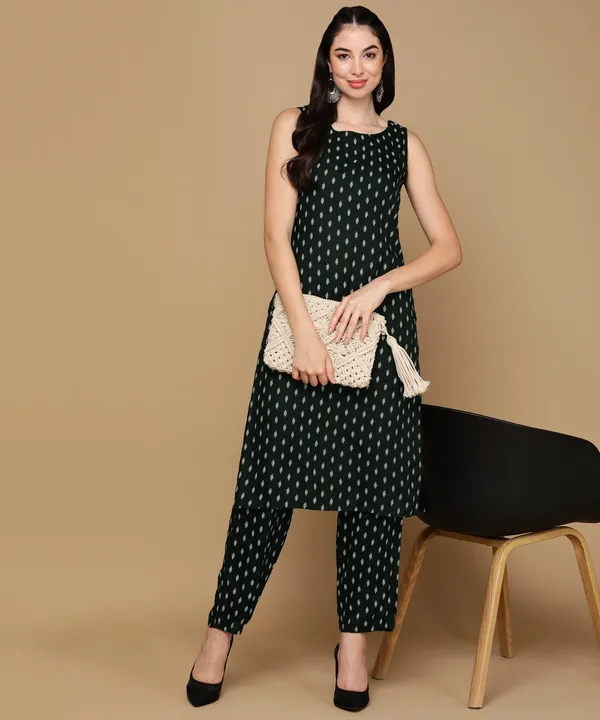 Green_Printed_Sleeveless_Rayon_Kurta_Pant_For_Women