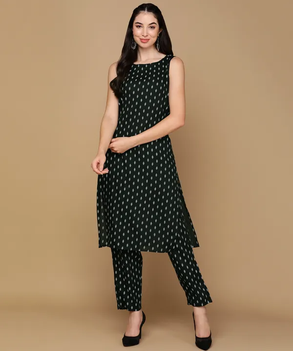Green_Printed_Sleeveless_Rayon_Kurta_Pant_For_Women