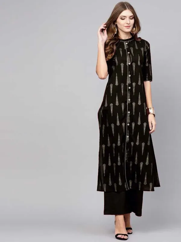 Black_Printed_3/4_Sleeve_Rayon_Kurta_Palazzo_For_Women