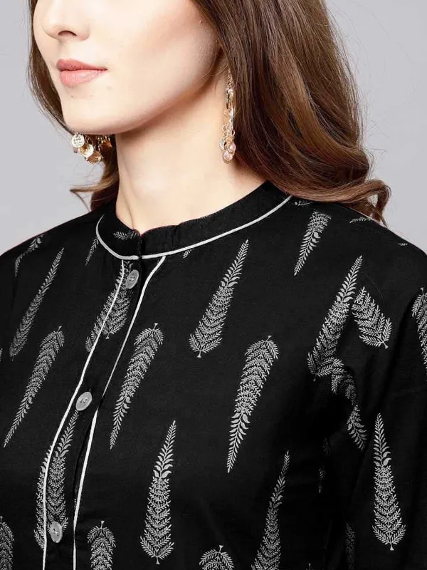 Black_Printed_3/4_Sleeve_Rayon_Kurta_Palazzo_For_Women