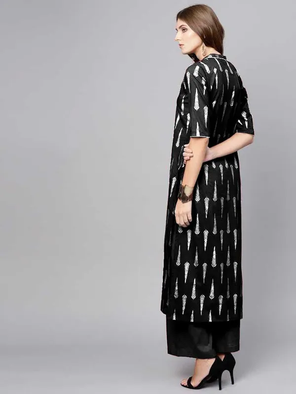 Black_Printed_3/4_Sleeve_Rayon_Kurta_Palazzo_For_Women