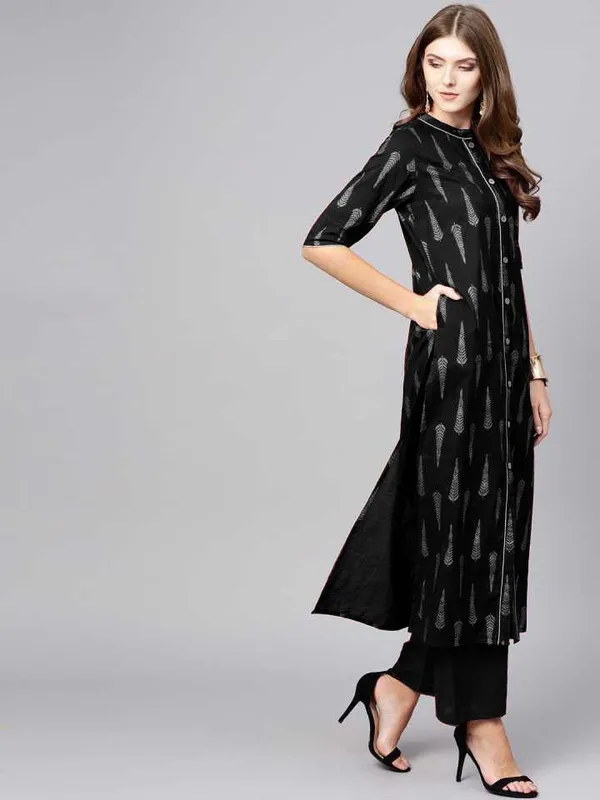 Black_Printed_3/4_Sleeve_Rayon_Kurta_Palazzo_For_Women